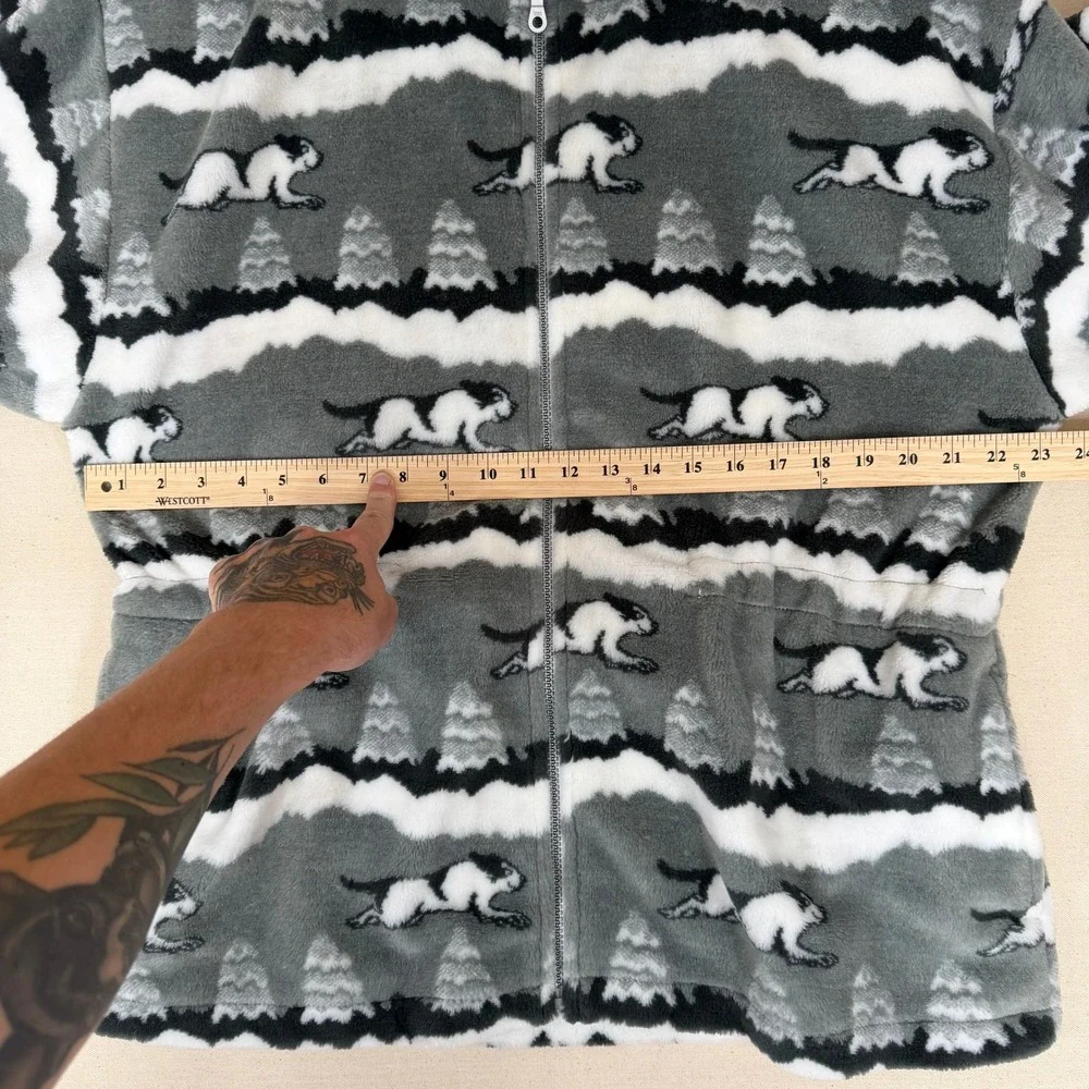 Big Dogs Fleece Jacket Mens Medium Gray All Over Print Full Zip Running Dog Tree